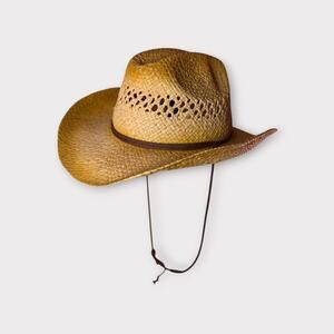 Vintage Straw Cowboy Hat – Woven Western Rancher Style with Chin Strap – Unisex